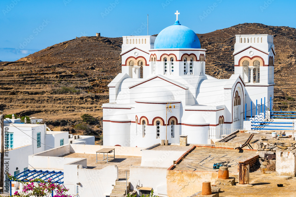 View of white church in Tholaria village, Amorgos island, Cyclades, Greece