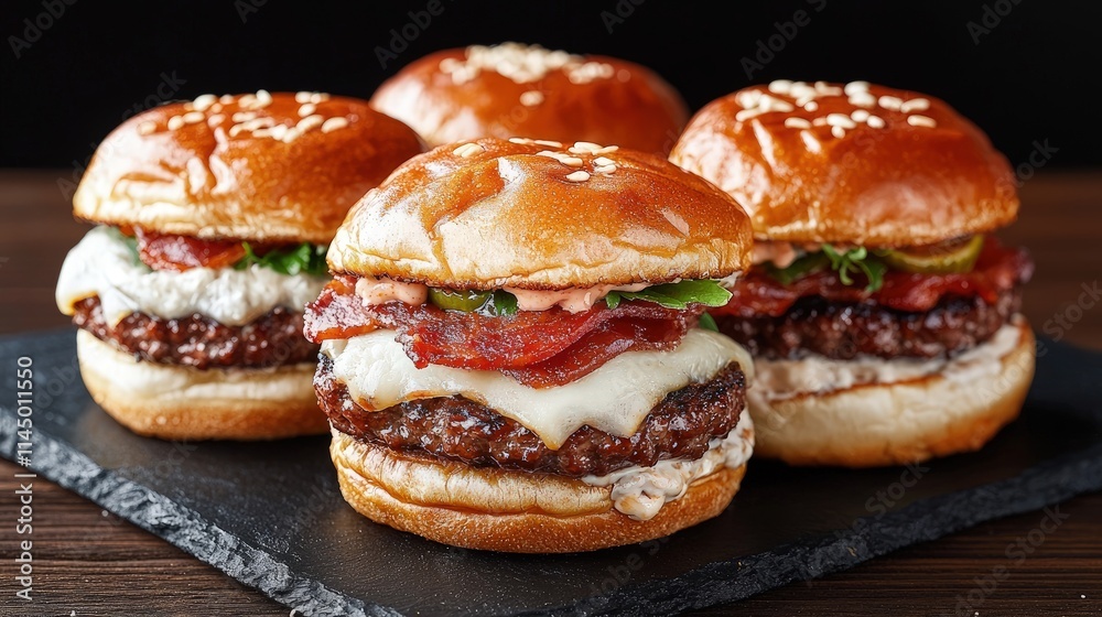 Four mini bacon cheeseburgers on slate. Four mini bacon cheeseburgers on slate.