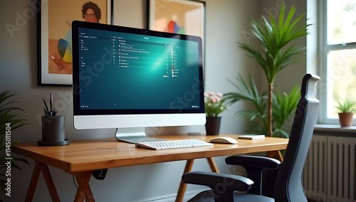 A wooden desk with a large display screen sits atop it, allowing for efficient work while having ample space to view and replicate documents._00003_