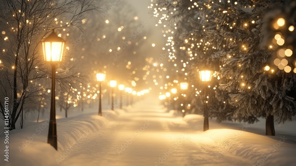 A serene winter pathway illuminated by glowing street lamps, surrounded by softly falling snow, creating a magical and peaceful atmosphere. A serene winter pathway illuminated by glowing street lamps, surrounded by softly falling snow, creating a magical and peaceful atmosphere.