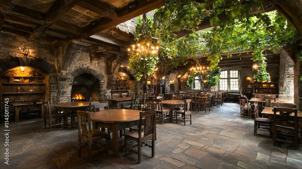 A rustic dining hall featuring wooden tables, stone walls, and greenery. A rustic dining hall featuring wooden tables, stone walls, and greenery.
