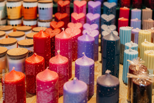 Colorful candles for sale at a Christmas market booth in Basel, Switzerland photo