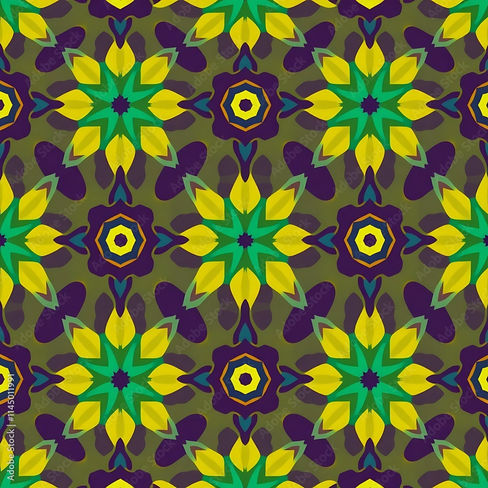 Fototapeta premium Intricate Floral Pattern: Green, Yellow, and Purple Mandala Pattern: This seamless pattern features intricate floral designs in shades of green, yellow, and purple.