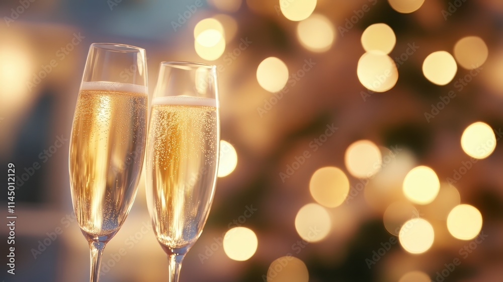 Two elegant champagne flutes clink together, sparkling against a soft, blurred background of warm holiday lights. Two elegant champagne flutes clink together, sparkling against a soft, blurred background of warm holiday lights.