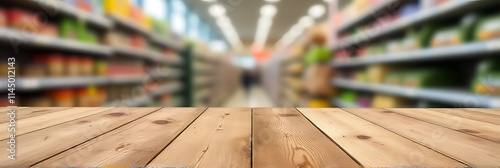 A wood table top with blurred supermarket products in the background conveys a sense of commerce and domesticity in one image._00002_