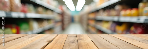 A wood table top with blurred supermarket products in the background conveys a sense of commerce and domesticity in one image._00001_