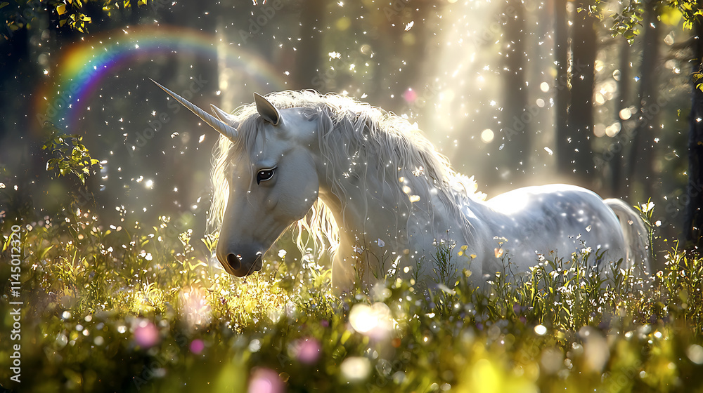 magical unicorn stands in sunlit spring meadow, surrounded by sparkles and rainbow magical unicorn stands in sunlit spring meadow, surrounded by sparkles and rainbow