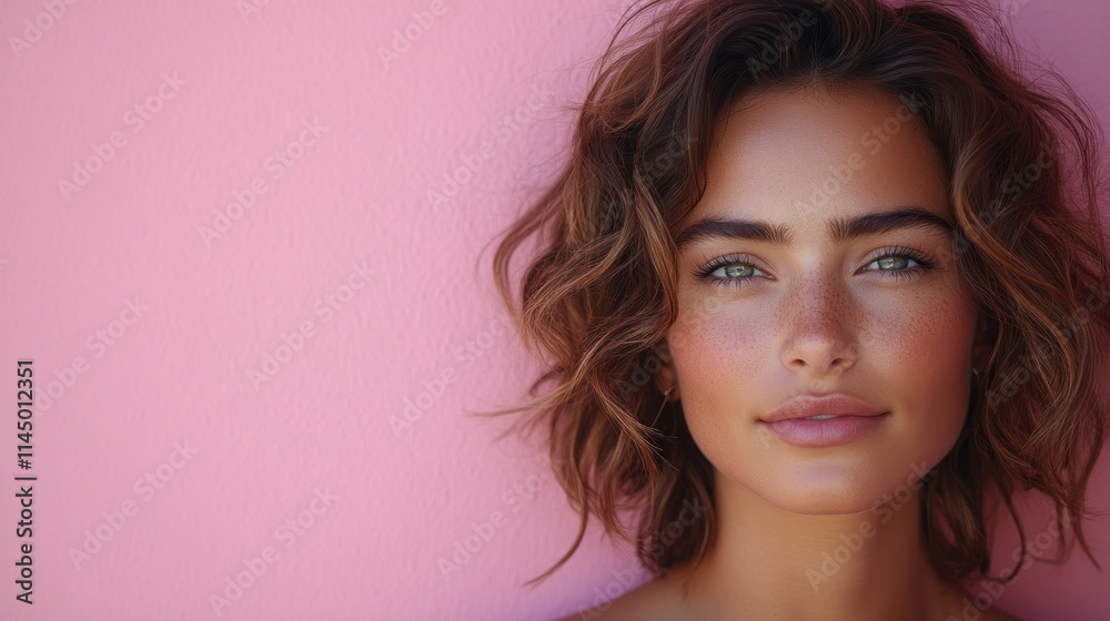 A close-up portrait of a woman with curly hair against a pink background. A close-up portrait of a woman with curly hair against a pink background.