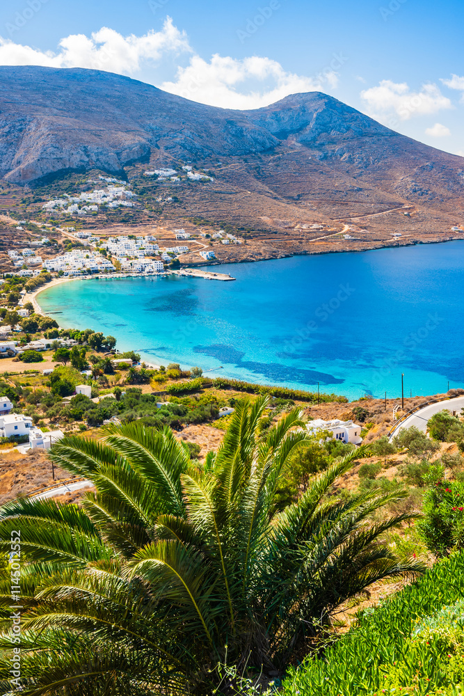 Palm tree and tropical plants in Aigiali sea bay with mountains in distance, Amorgos island, Cyclades, Greece