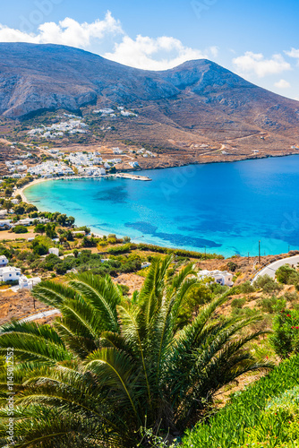 Obraz na płótnie Palm tree and tropical plants in Aigiali sea bay with mountains in distance, Amorgos island, Cyclades, Greece w salonie