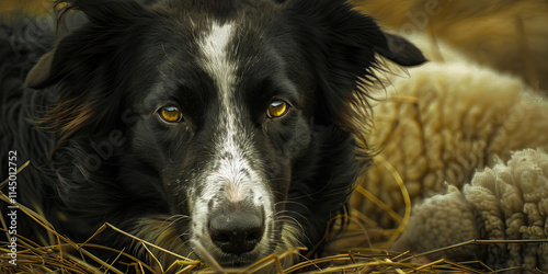 Border Collie and Sheep in Hay