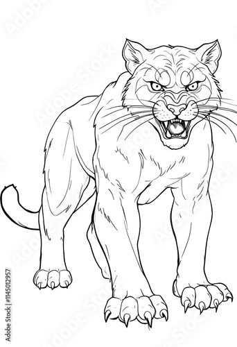 Fierce muscular puma outline drawing for coloring book pages,