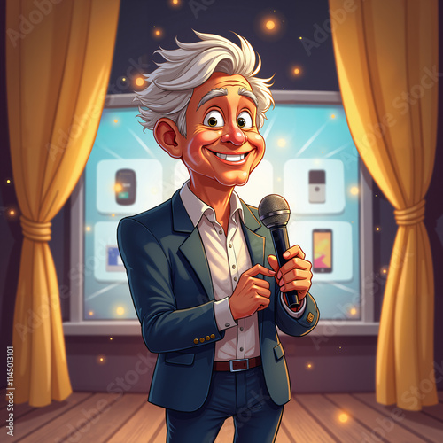 Digital illustration of a man, possibly a comedian or radio host, standing on stage with a microphone and smiling at the audience. He is dressed in a suit and tie.
