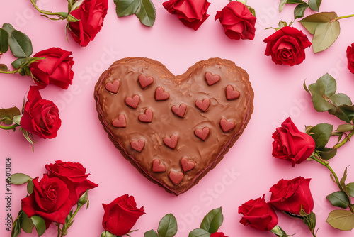 Heart-Shaped Chocolate Surrounded by Red Roses on a Pink Background – Love Concept photo