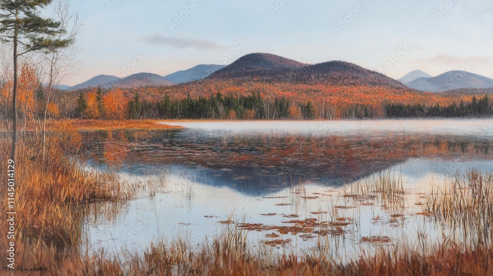 Serene Autumn Landscape with Reflective Lake Surrounded by Vibrant Fall Foliage and Peaceful Mountains in Background Under Clear Sky Serene Autumn Landscape with Reflective Lake Surrounded by Vibrant Fall Foliage and Peaceful Mountains in Background Under Clear Sky