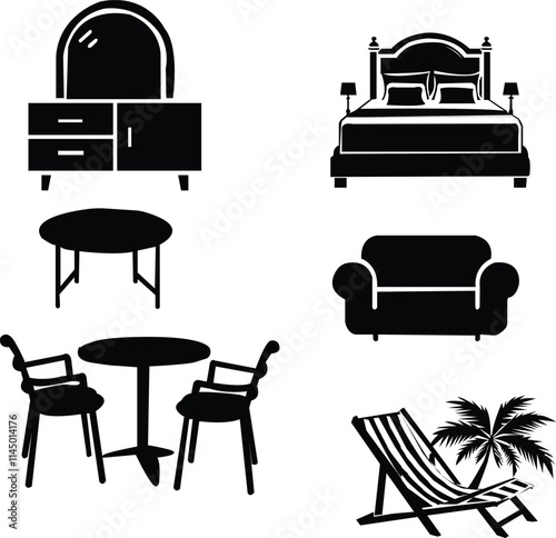 Vector set of furniture icons, chair, bed, wood