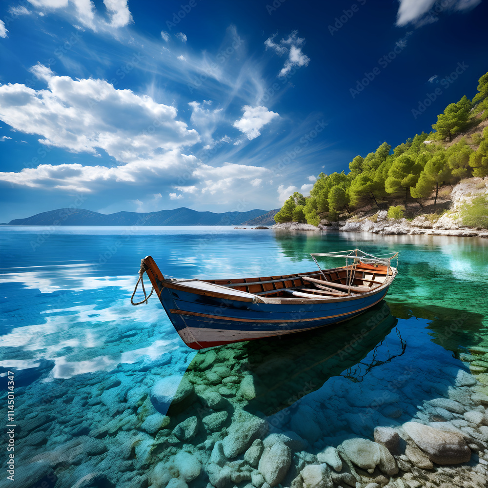 Charming Antique Boat Anchored amidst Lush Seascape - A Stunning Capture of Maritime Beauty and Tranquil Seashore Charming Antique Boat Anchored amidst Lush Seascape - A Stunning Capture of Maritime Beauty and Tranquil Seashore