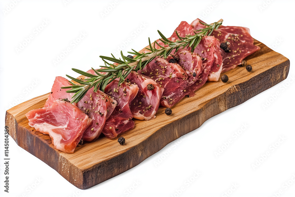 Assorted fresh raw meat cuts with rosemary and pepper arranged on a wooden board, isolated on a white background, emphasizing the quality and appeal of the meat Assorted fresh raw meat cuts with rosemary and pepper arranged on a wooden board, isolated on a white background, emphasizing the quality and appeal of the meat