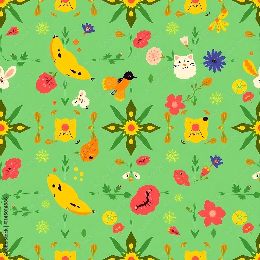 Cheerful Garden Pattern: This whimsical and playful seamless pattern features adorable animal faces, vibrant flowers, and juicy bananas, all set against a cheerful green background. Cheerful Garden Pattern: This whimsical and playful seamless pattern features adorable animal faces, vibrant flowers, and juicy bananas, all set against a cheerful green background.