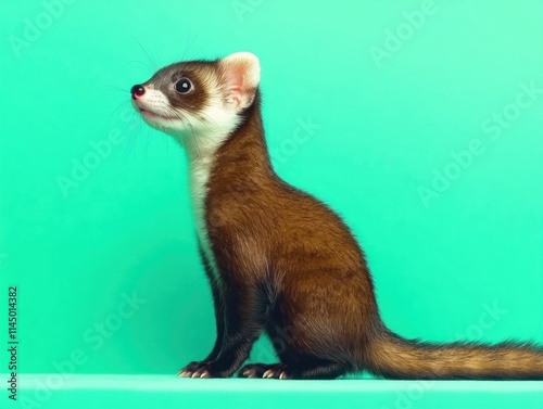Curious Ferret Sniffing the Air on Pale Green Background photo