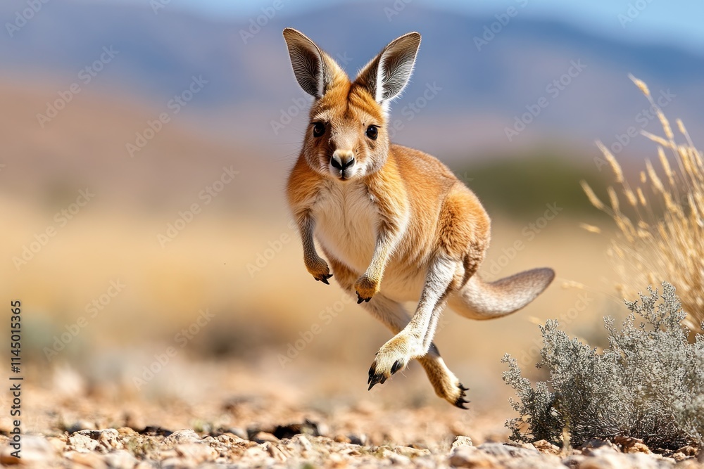 Fototapeta premium Kangaroo Leaping Mid-Air Over Dry Terrain