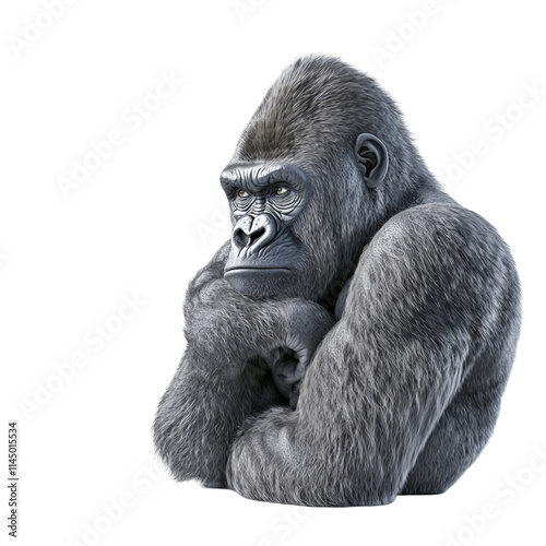 Thoughtful Gorilla Silverback arms crossed gentle giant pensive primate endangered species wildlife conservation isolated on white background detailed illustration realistic 3D render digital art photo