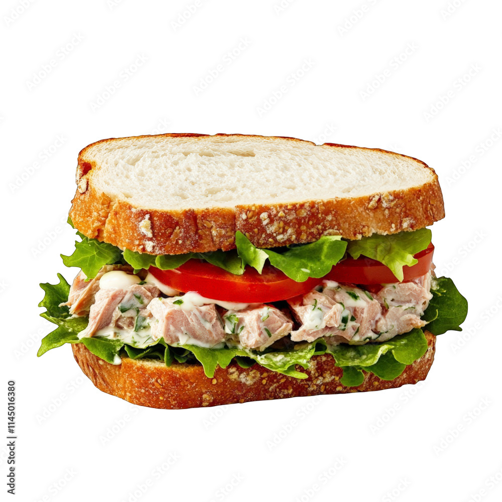Tuna salad sandwich with lettuce tomato and mayonnaise on whole wheat bread isolated on white background healthy meal quick lunch snack food delicious fresh homemade sandwich cut out clipping path Tuna salad sandwich with lettuce tomato and mayonnaise on whole wheat bread isolated on white background healthy meal quick lunch snack food delicious fresh homemade sandwich cut out clipping path