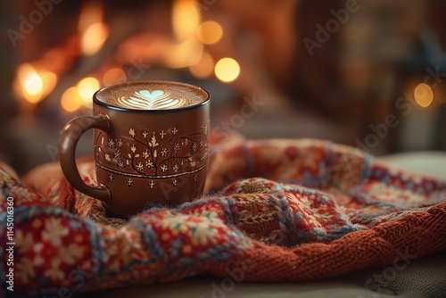 Suitable for ads for winter products with a hazy flame behind, a cosy coffee mug  on a warm blanket makes a soothing and soft surroundings, Generative AI.