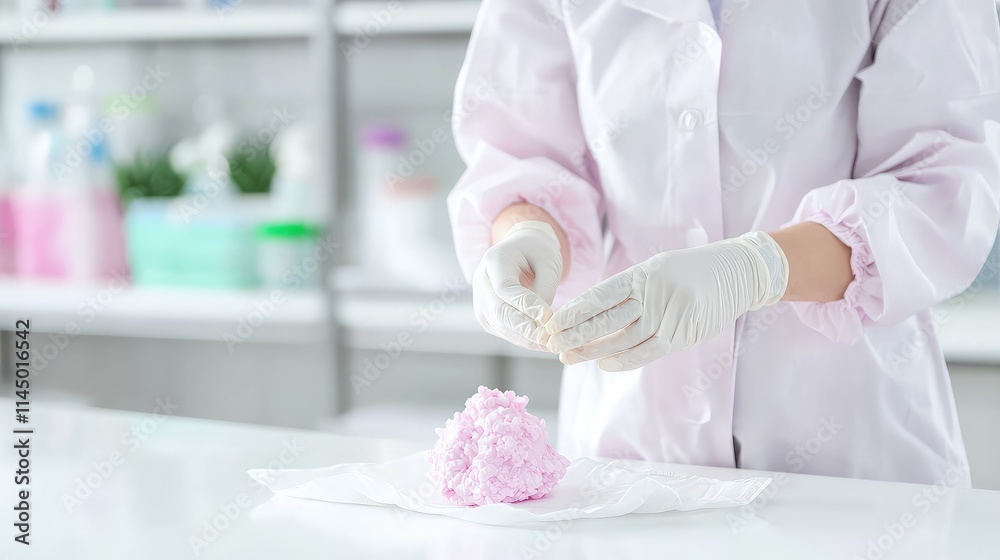 Scientist in lab coat handling pink sample. Scientist in lab coat handling pink sample.