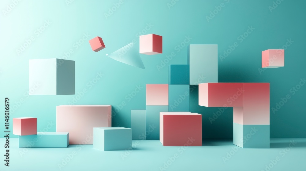 Abstract Composition of Floating Geometric Shapes in Soft Pastel Colors on a Calm Aquamarine Background for Contemporary Design Projects