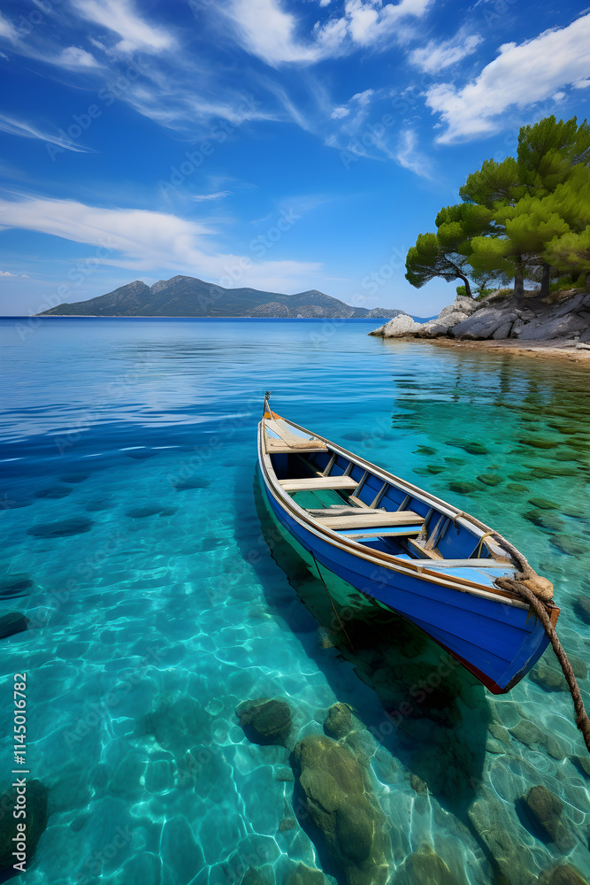 Charming Antique Boat Anchored amidst Lush Seascape - A Stunning Capture of Maritime Beauty and Tranquil Seashore Charming Antique Boat Anchored amidst Lush Seascape - A Stunning Capture of Maritime Beauty and Tranquil Seashore