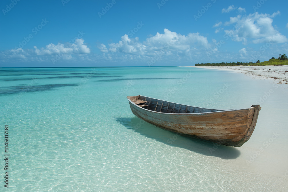 Beautiful tropical beach with clear turquoise water and a wooden boat on a white sand Beautiful tropical beach with clear turquoise water and a wooden boat on a white sand