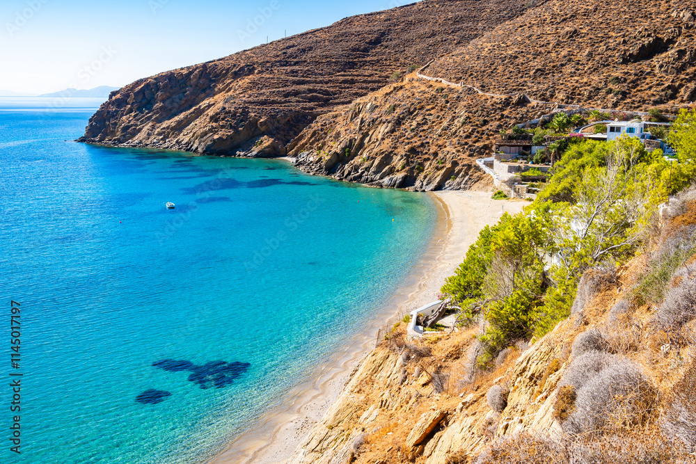 View of idyllic sandy Levrossos beach in Aigiali bay (Ormos Egialis), Amorgos island, Cyclades, Greece