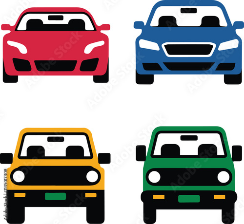 A detailed flat color vector silhouette illustration of a car's front and side views, perfect for design and automotive projects.

