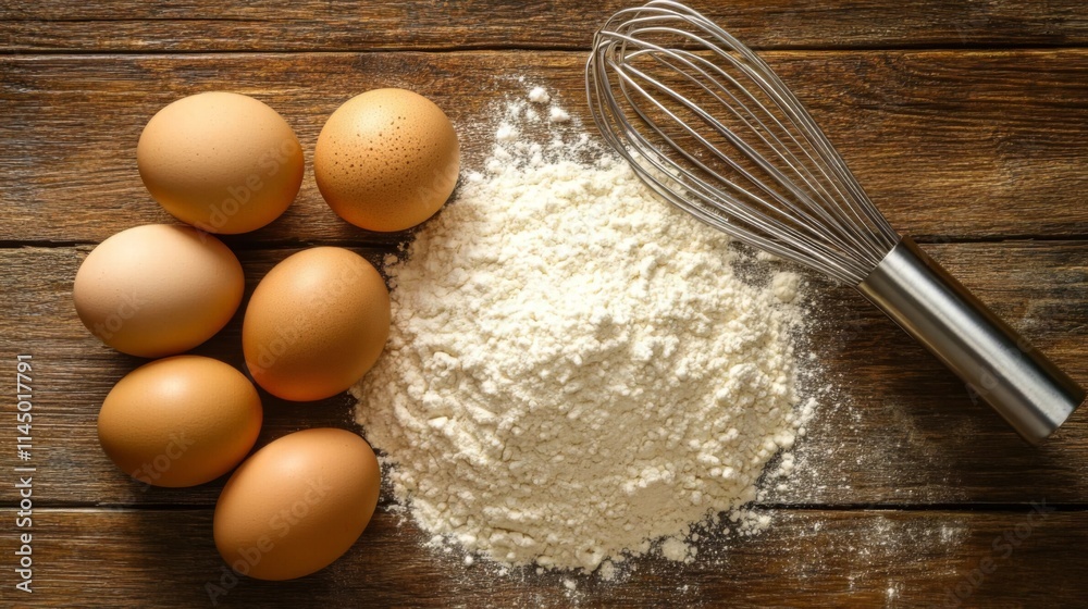Baking Ingredients: Eggs, Flour, and Whisk on Wooden Table
