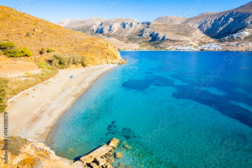 View of amazing sandy Hochlaka beach in Aigiali bay (Ormos Egialis), Amorgos island, Cyclades, Greece photo