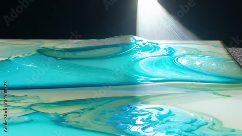 Camera sweeps over aquamarine dye diffusing through clear gel on onyx showing three-dimensional color clouds