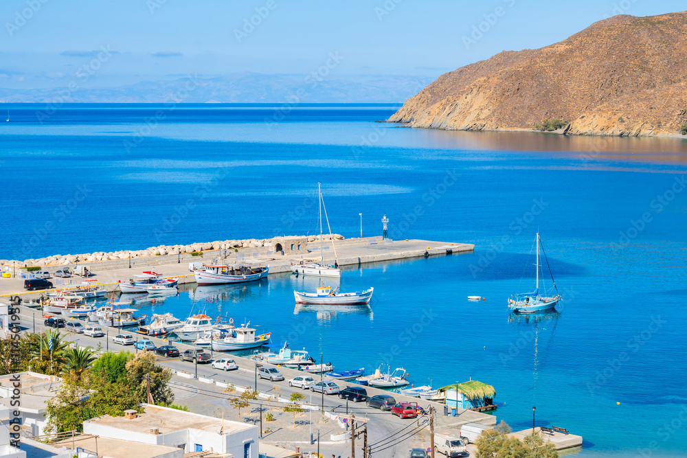 View boats in Aigiali port (Ormos Egialis), Amorgos island, Cyclades, Greece