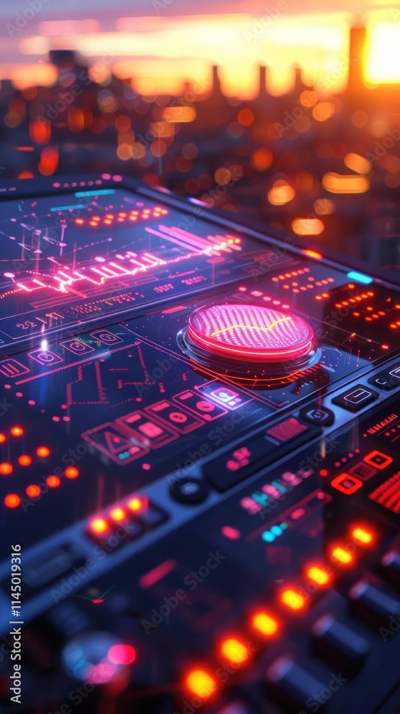 Obraz premium Captivating image of a futuristic digital circuit board landscape glowing with neon like lights set against the backdrop of a vibrant colorful sunset sky