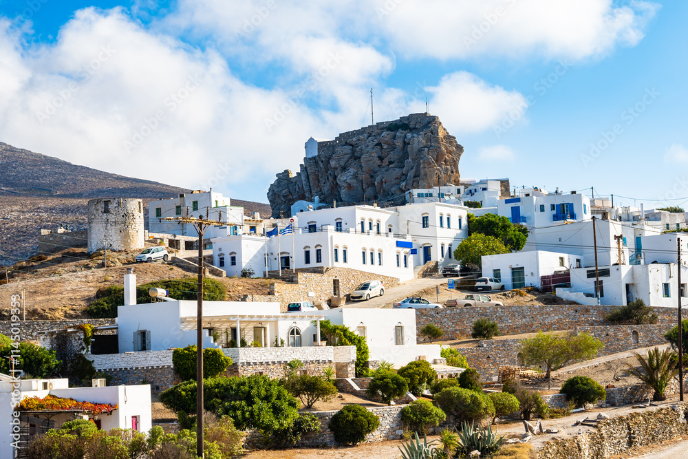 View of Chora village and mountains, Amorgos island, Cyclades, Greece