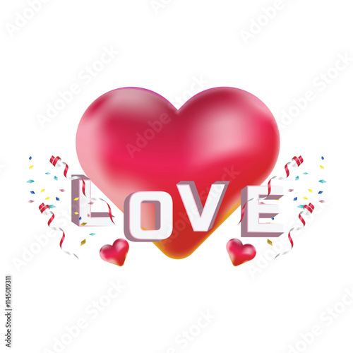 Love text with realistic love shape with confetti design vector