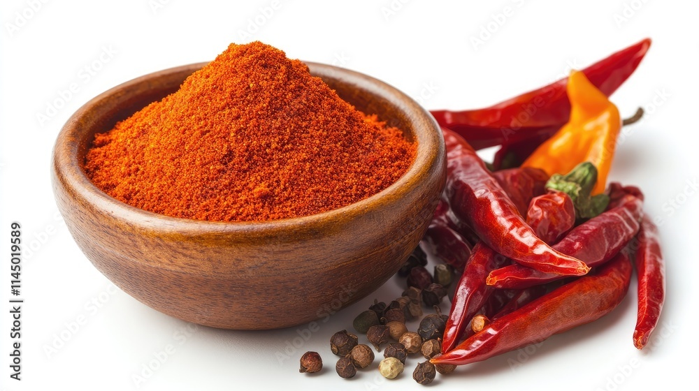 A bowl of ground red chili powder next to fresh red chilies and other vibrant spices, isolated on a white background. A bowl of ground red chili powder next to fresh red chilies and other vibrant spices, isolated on a white background.