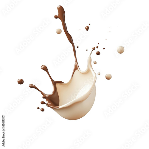 Chocolate and Milk Splash Mixing Swirl Liquid Collision Dynamic Flow Sweet Dessert Beverage Isolated on White Background PNG File High Resolution Graphic Design Element Packaging Mockup Template photo