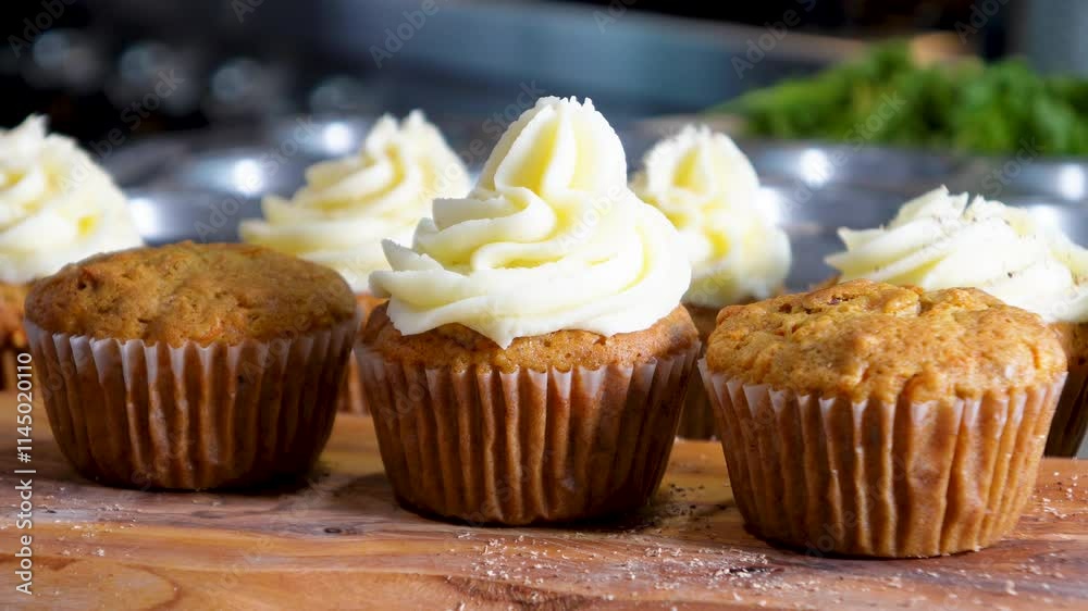 Baking carrot cupcakes with fresh carrots, spices, flour, sugar and eggs. Spiced carrot cupcakes with cream cheese frosting ready for the bake shop. Baking carrot cupcakes with fresh carrots, spices, flour, sugar and eggs. Spiced carrot cupcakes with cream cheese frosting ready for the bake shop.