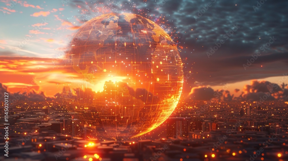Fototapeta premium Dramatic and captivating digital depicting a massive glowing sphere or orb exploding over a futuristic neon lit cityscape at sunset The scene conveys a sense of technological innovation power