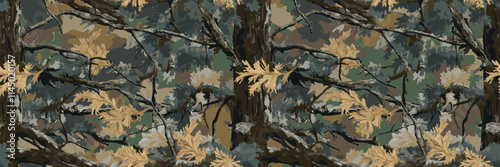 Forest camouflage. Seamless pattern. Branches, green and brown oak leaves. Useable for hunting and military purposes. Hunting camo. Camouflage background. Hunting background. Vector camouflage