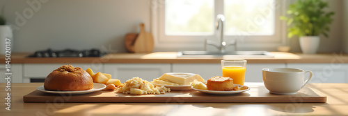 A set of breakfast foods or a cake is placed on a kitchen table in front of a copy space background._00001_