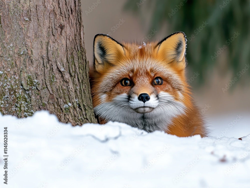 Obraz premium Playful Red Fox Peeking from Tree Trunk