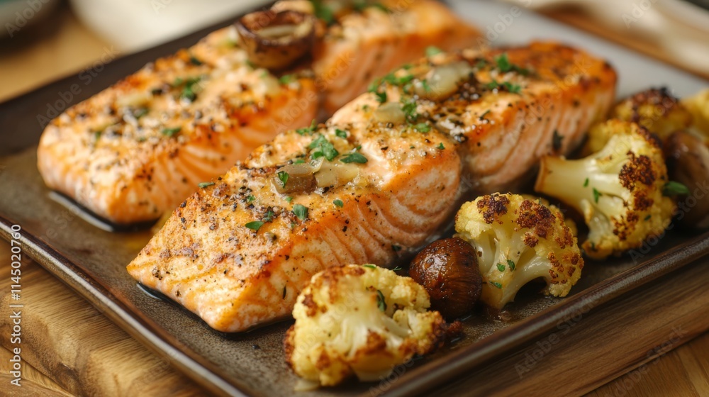 Roasted Salmon with Roasted Cauliflower and Mushrooms Roasted Salmon with Roasted Cauliflower and Mushrooms