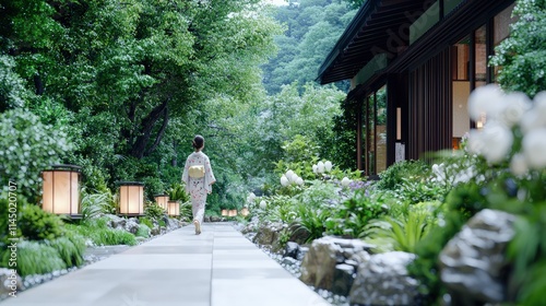 Woman in yukata walking on a serene Japanese garden path.